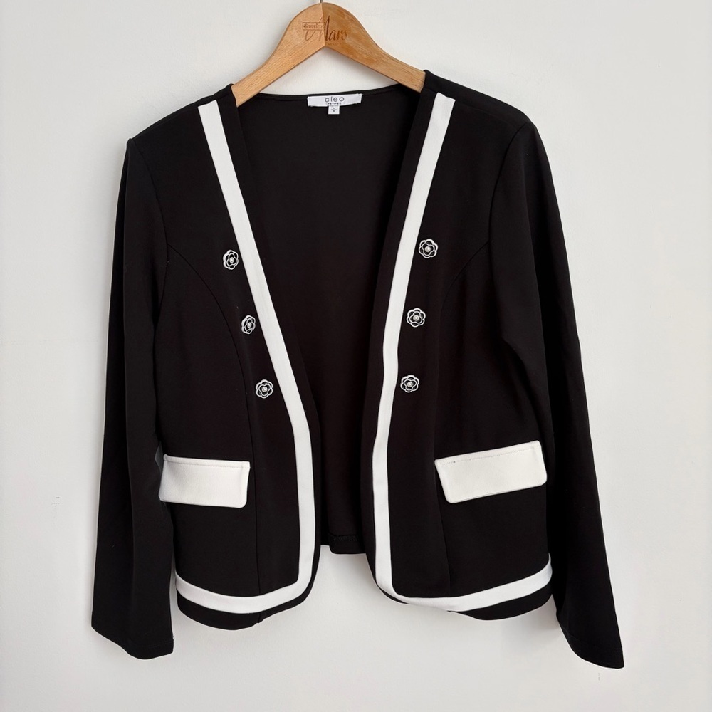 Contrast Trim Open Front Jacket - Faux Pearl Buttons  -  M - L